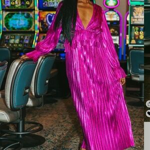 Buddy Love Metallic Pink Pleated Evie Plisse Gown with Ruffle Sleeves